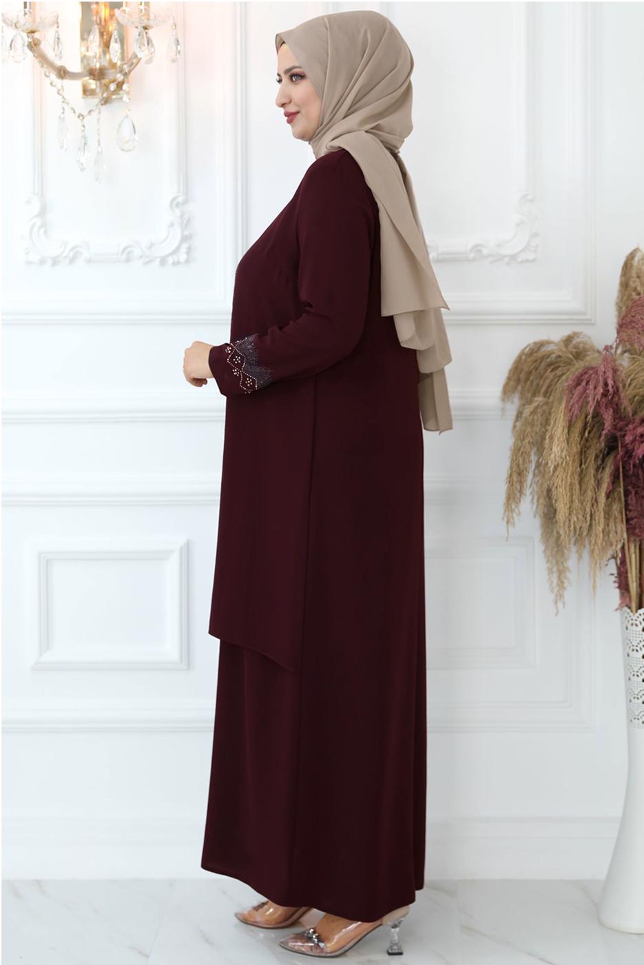 Hijab clothing CLARET RED GEM EMBROIDERED EVENING DRESS T 7721