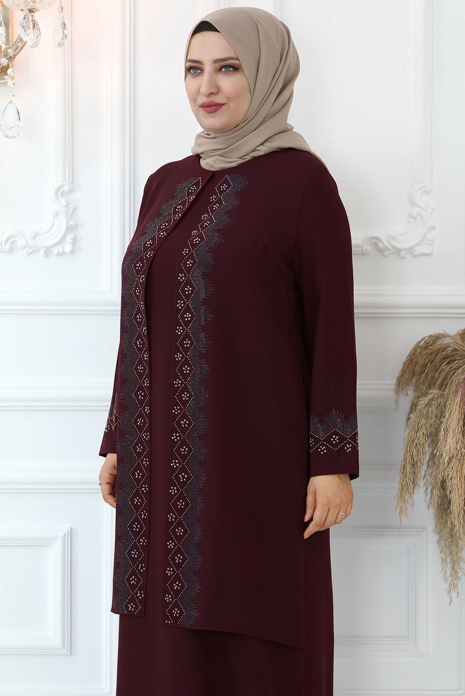 Hijab clothing CLARET RED GEM EMBROIDERED EVENING DRESS T 7721