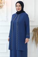 Tesettür giyim LACİVERT TAŞ BASKILI ABİYE ELBİSE T 7721