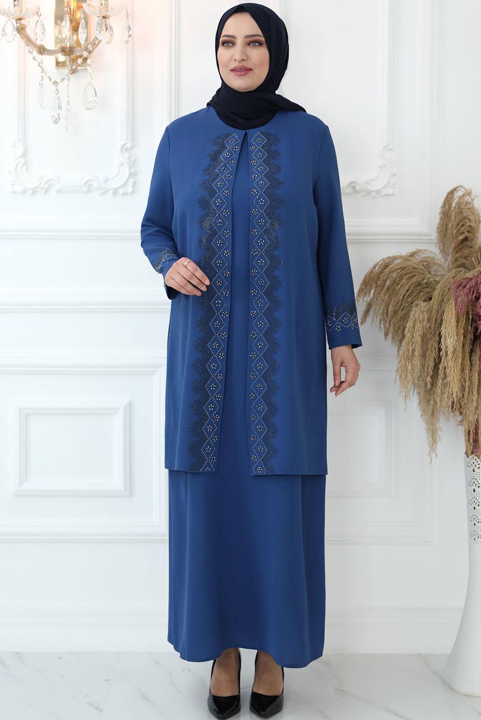 Tesettür giyim LACİVERT TAŞ BASKILI ABİYE ELBİSE T 7721