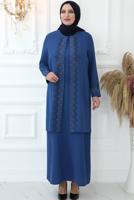 Tesettür giyim LACİVERT TAŞ BASKILI ABİYE ELBİSE T 7721