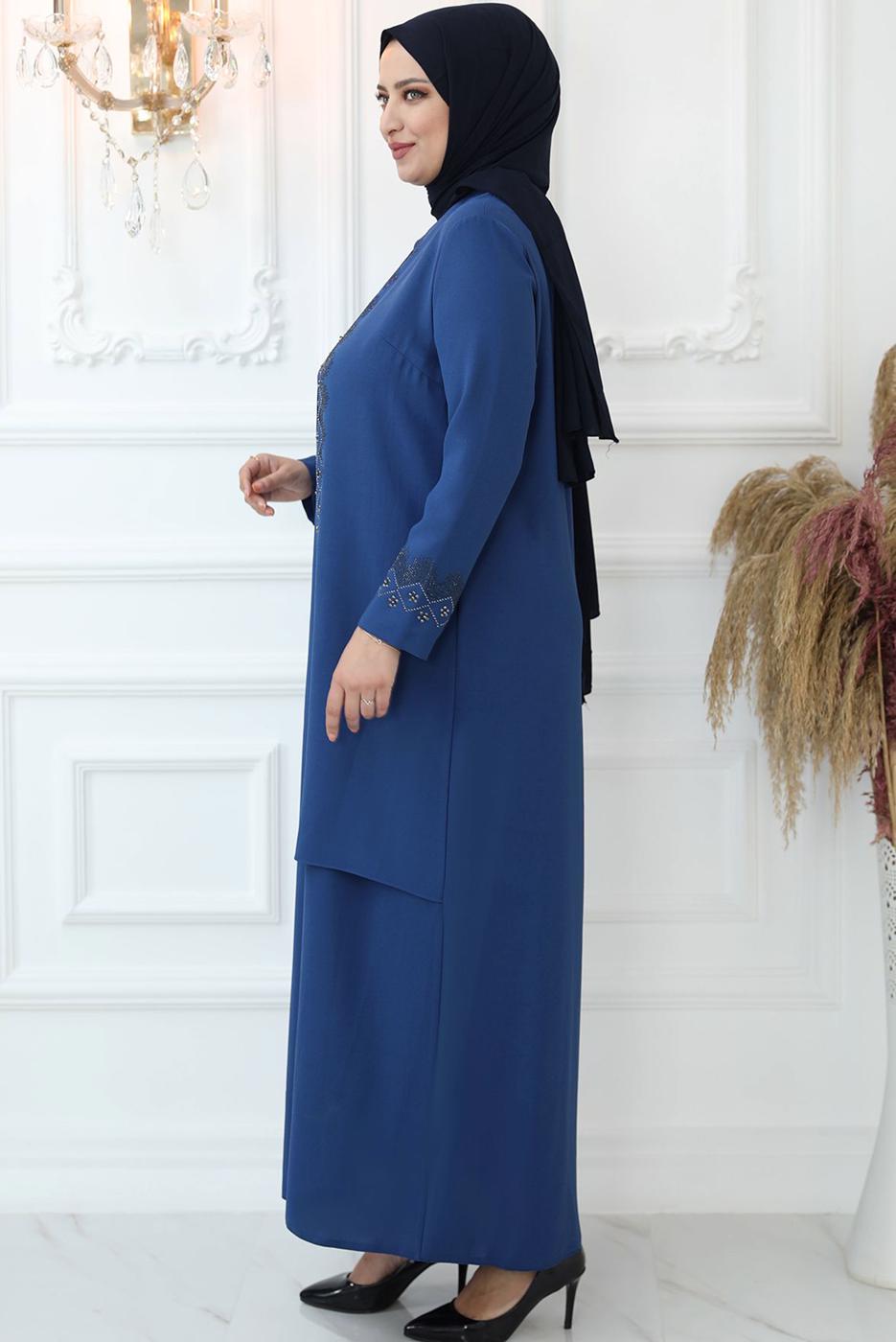 Tesettür giyim LACİVERT TAŞ BASKILI ABİYE ELBİSE T 7721