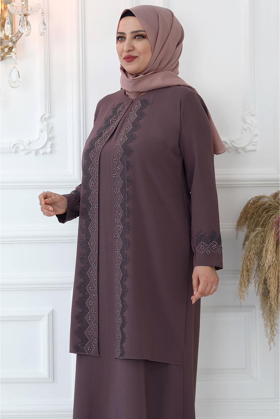 Tesettür giyim PEMBE TAŞ BASKILI ABİYE ELBİSE T 7721