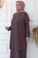 Tesettür giyim PEMBE TAŞ BASKILI ABİYE ELBİSE T 7721