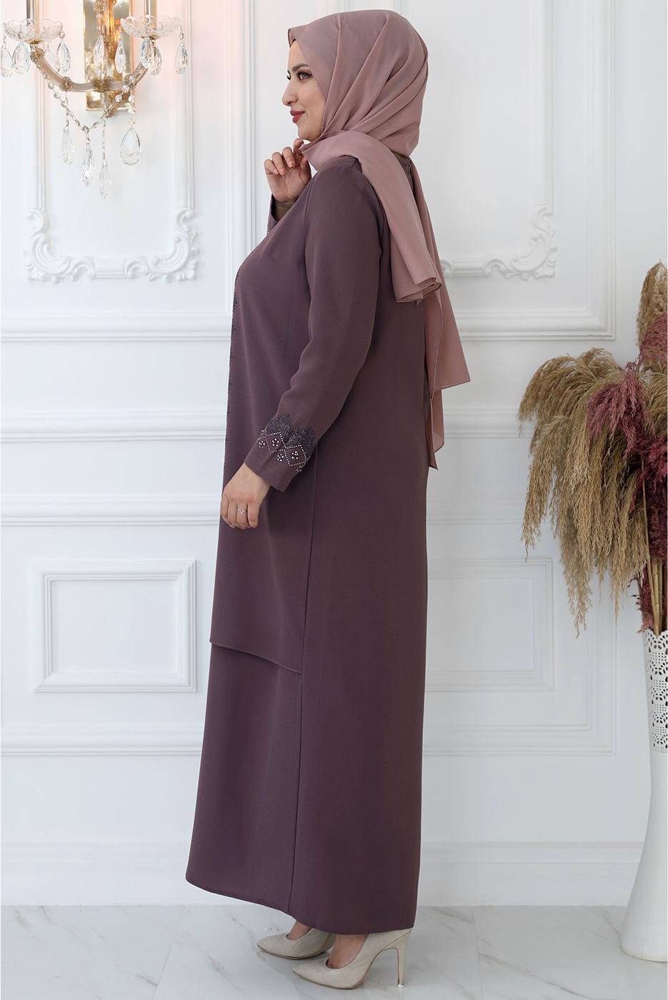Tesettür giyim PEMBE TAŞ BASKILI ABİYE ELBİSE T 7721