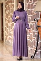 Tesettür giyim MOR KEMERLİ ABİYE ELBİSE T 8053