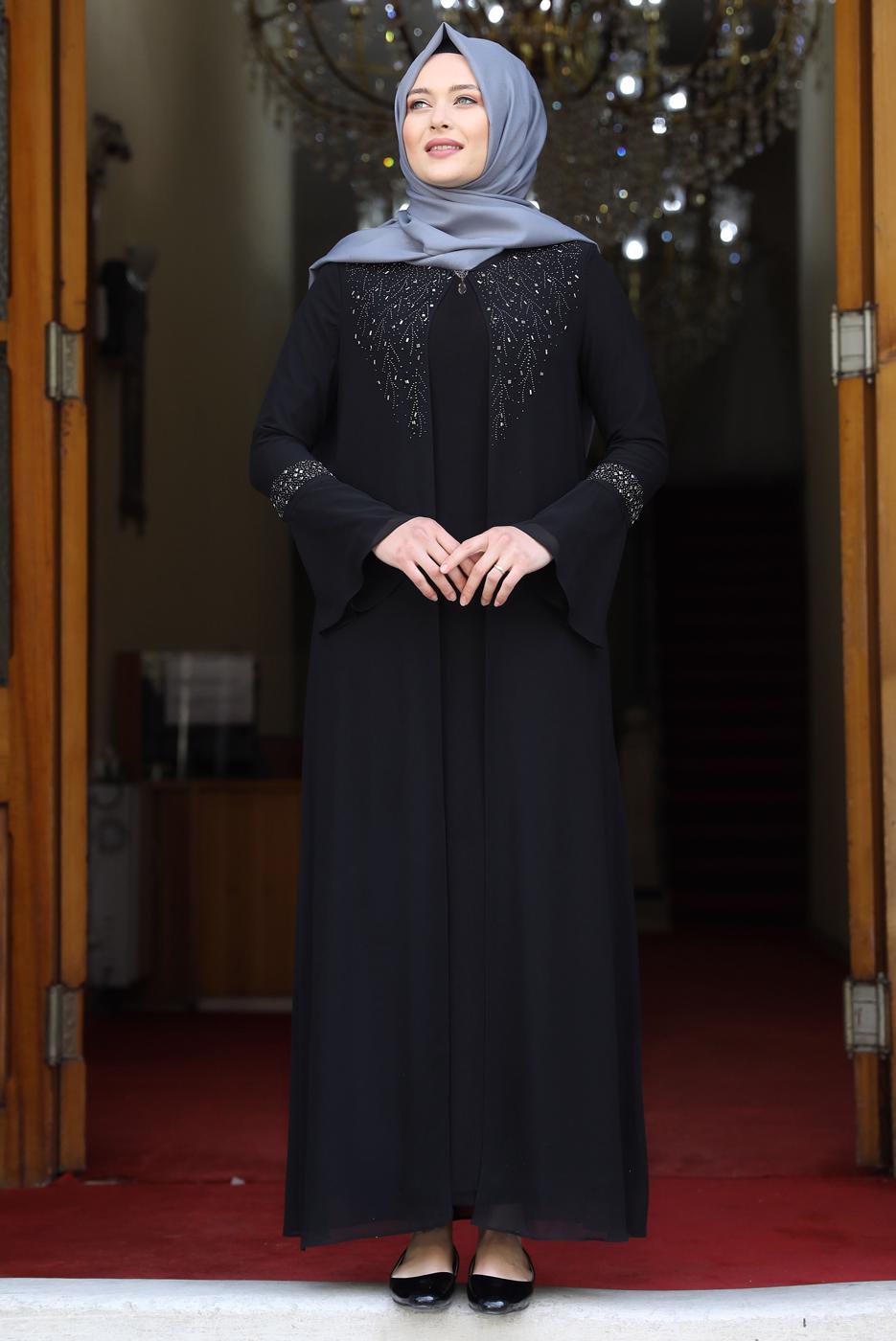 Tesettür giyim SİYAH İSPANYOL KOL TAŞ DETAYLI ABİYE ELBİSE T 8333