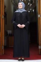 Tesettür giyim SİYAH İSPANYOL KOL TAŞ DETAYLI ABİYE ELBİSE T 8333