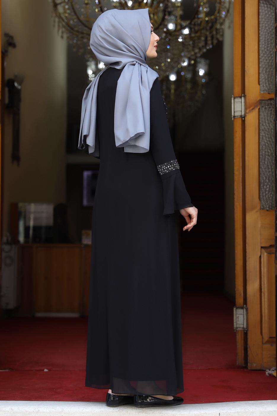 Tesettür giyim SİYAH İSPANYOL KOL TAŞ DETAYLI ABİYE ELBİSE T 8333
