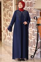 Hijab clothing NAVY BLUE FLARE SLEEVE EVENING DRESS WITH GEM DETAIL T 8333