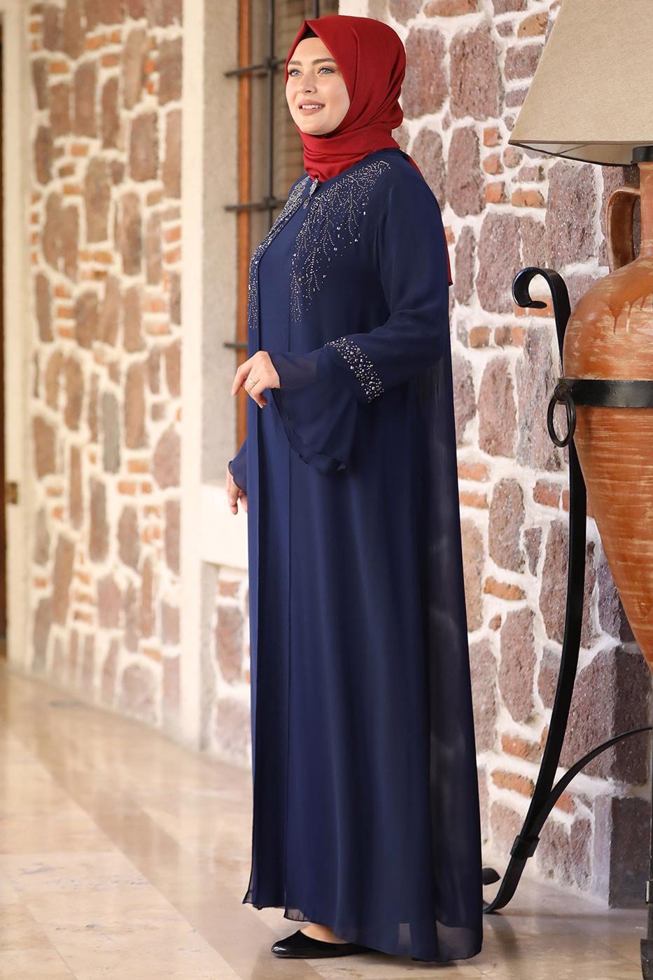 Hijab clothing NAVY BLUE FLARE SLEEVE EVENING DRESS WITH GEM DETAIL T 8333