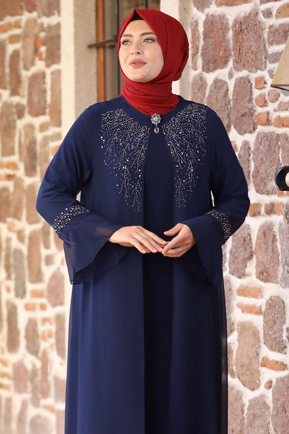 Hijab clothing NAVY BLUE FLARE SLEEVE EVENING DRESS WITH GEM DETAIL T 8333