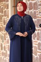 Hijab clothing NAVY BLUE FLARE SLEEVE EVENING DRESS WITH GEM DETAIL T 8333