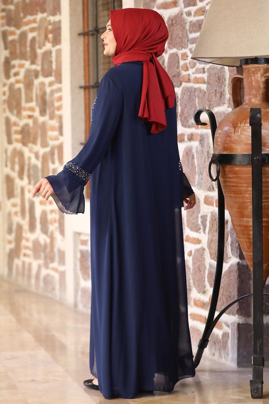 Hijab clothing NAVY BLUE FLARE SLEEVE EVENING DRESS WITH GEM DETAIL T 8333