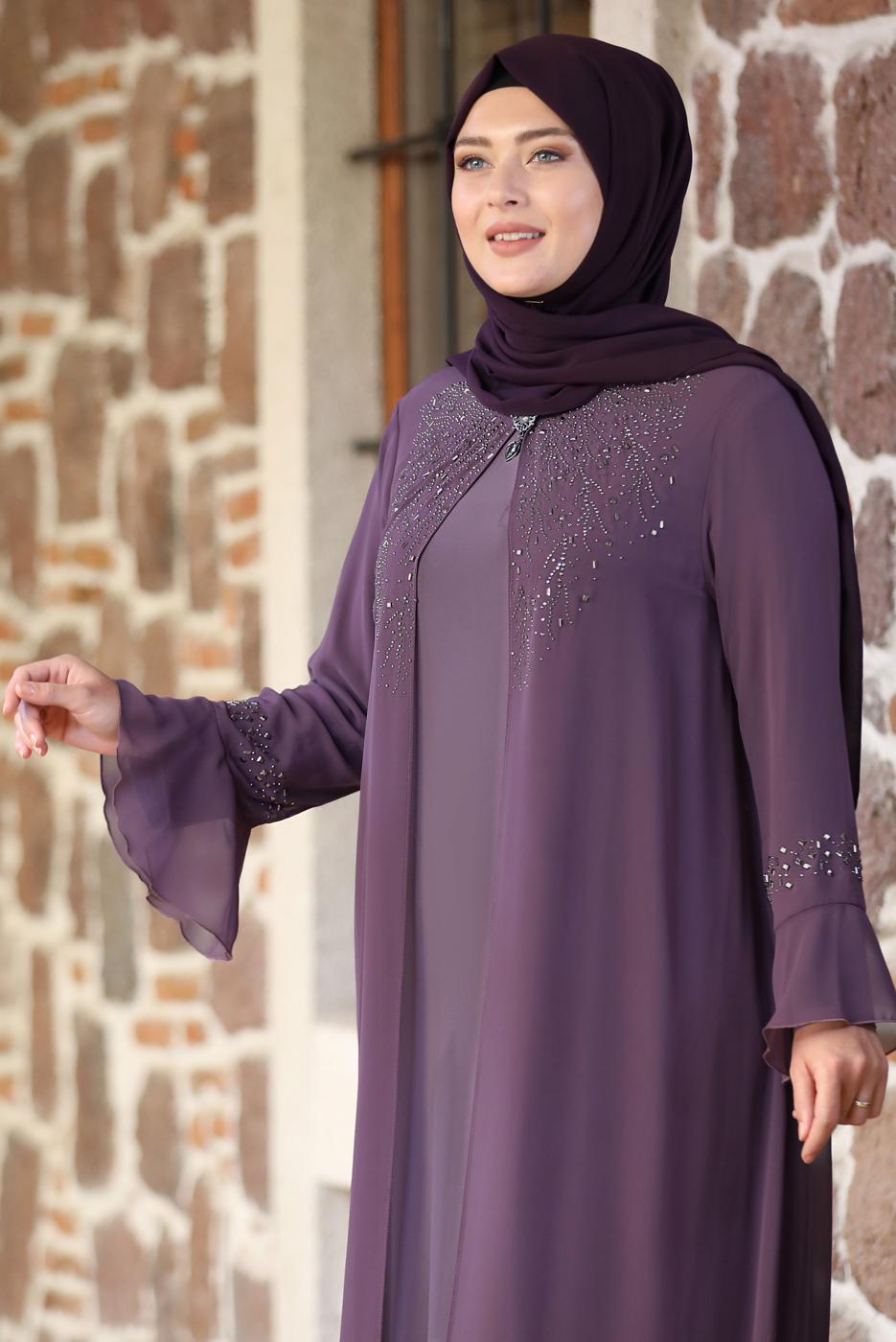 Tesettür giyim PEMBE İSPANYOL KOL TAŞ DETAYLI ABİYE ELBİSE T 8333