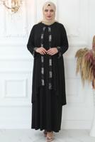 Tesettür giyim SİYAH PUL PAYET İŞLEMELİ ABİYE ELBİSE T 8433