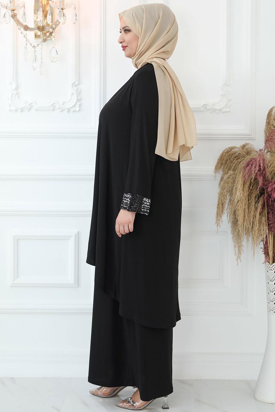 Tesettür giyim SİYAH PUL PAYET İŞLEMELİ ABİYE ELBİSE T 8433