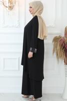 Tesettür giyim SİYAH PUL PAYET İŞLEMELİ ABİYE ELBİSE T 8433