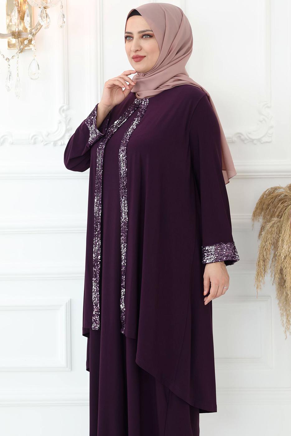 Tesettür giyim MÜRDÜM PUL PAYET İŞLEMELİ ABİYE ELBİSE T 8433