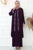 Tesettür giyim MÜRDÜM PUL PAYET İŞLEMELİ ABİYE ELBİSE T 8433