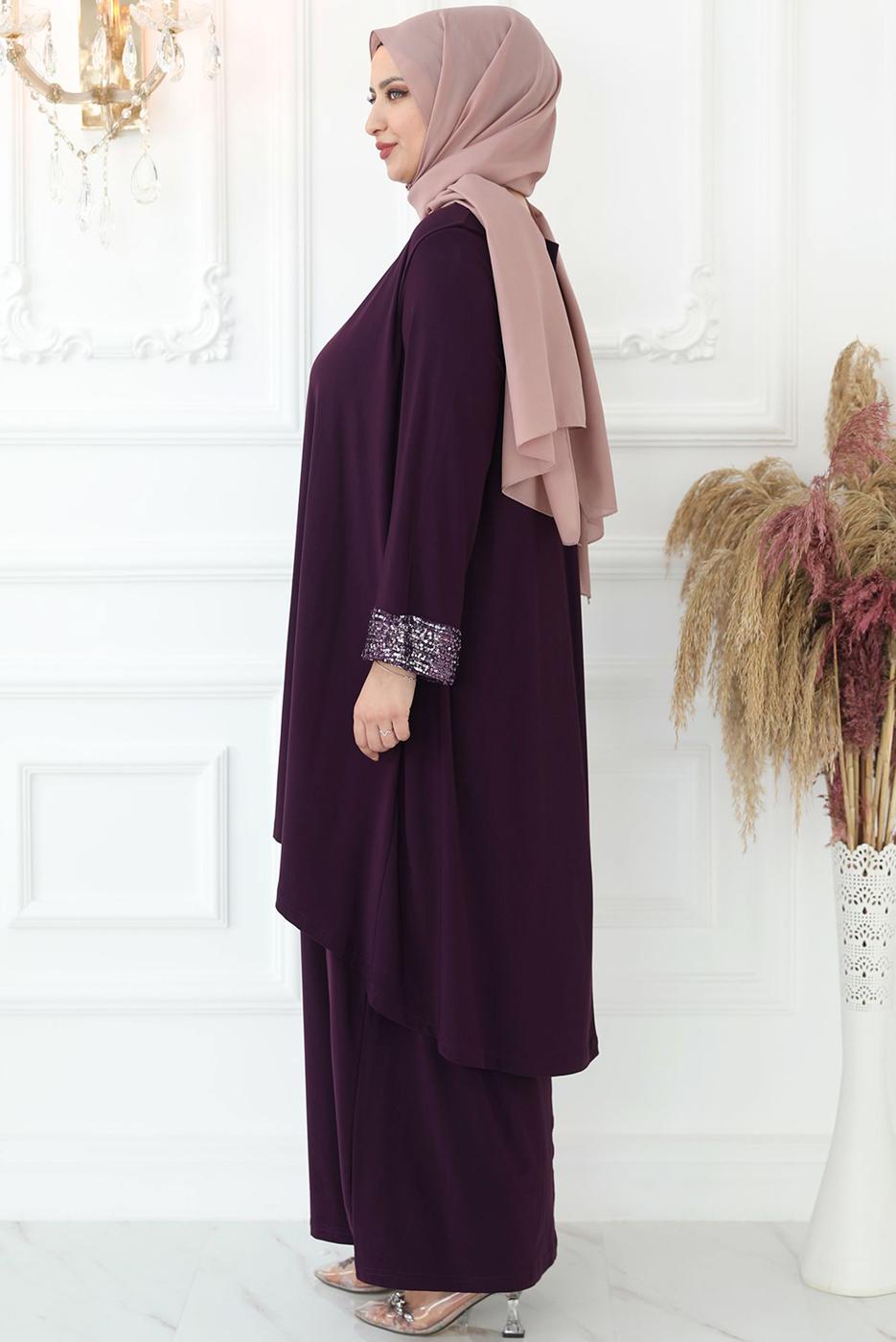 Tesettür giyim MÜRDÜM PUL PAYET İŞLEMELİ ABİYE ELBİSE T 8433