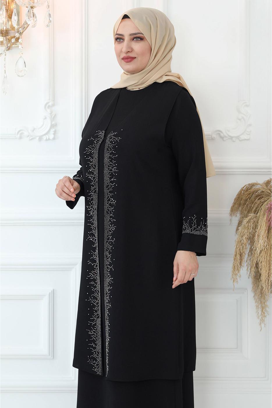 Tesettür giyim SİYAH TAŞ BASKILI YELEKLİ ABİYE ELBİSE T 8621