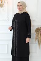 Tesettür giyim SİYAH TAŞ BASKILI YELEKLİ ABİYE ELBİSE T 8621
