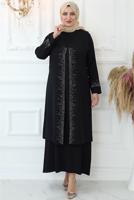 Tesettür giyim SİYAH TAŞ BASKILI YELEKLİ ABİYE ELBİSE T 8621