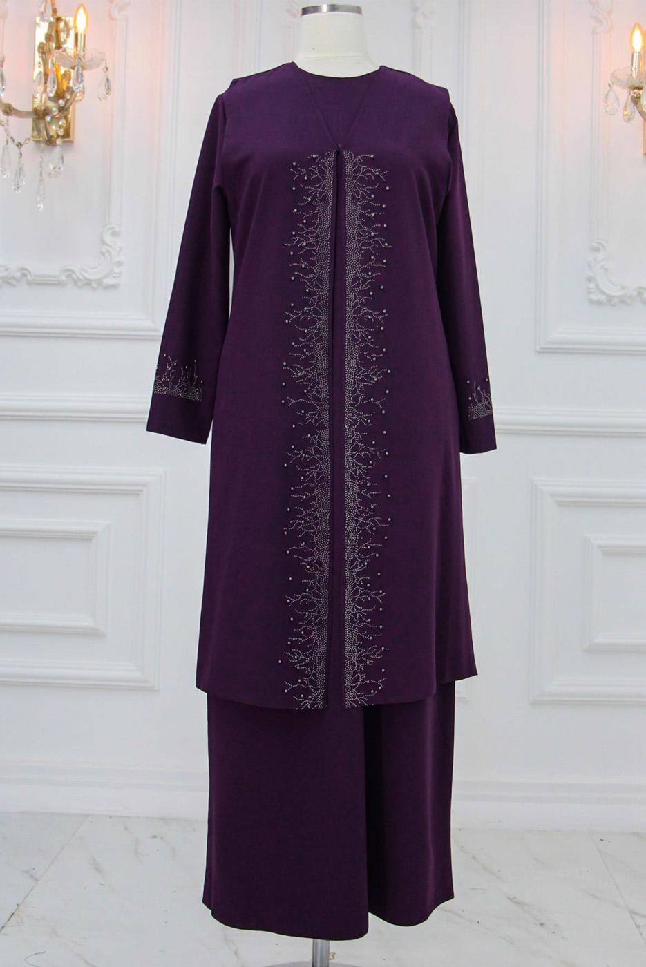 Tesettür giyim MÜRDÜM TAŞ BASKILI YELEKLİ ABİYE ELBİSE T 8621