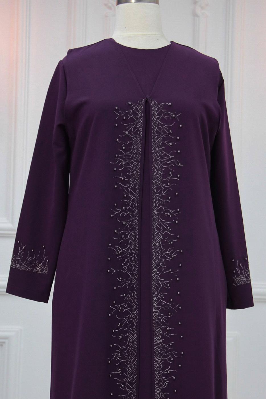 Tesettür giyim MÜRDÜM TAŞ BASKILI YELEKLİ ABİYE ELBİSE T 8621