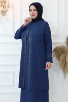 Tesettür giyim LACİVERT TAŞ BASKILI YELEKLİ ABİYE ELBİSE T 8621