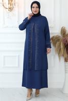 Tesettür giyim LACİVERT TAŞ BASKILI YELEKLİ ABİYE ELBİSE T 8621