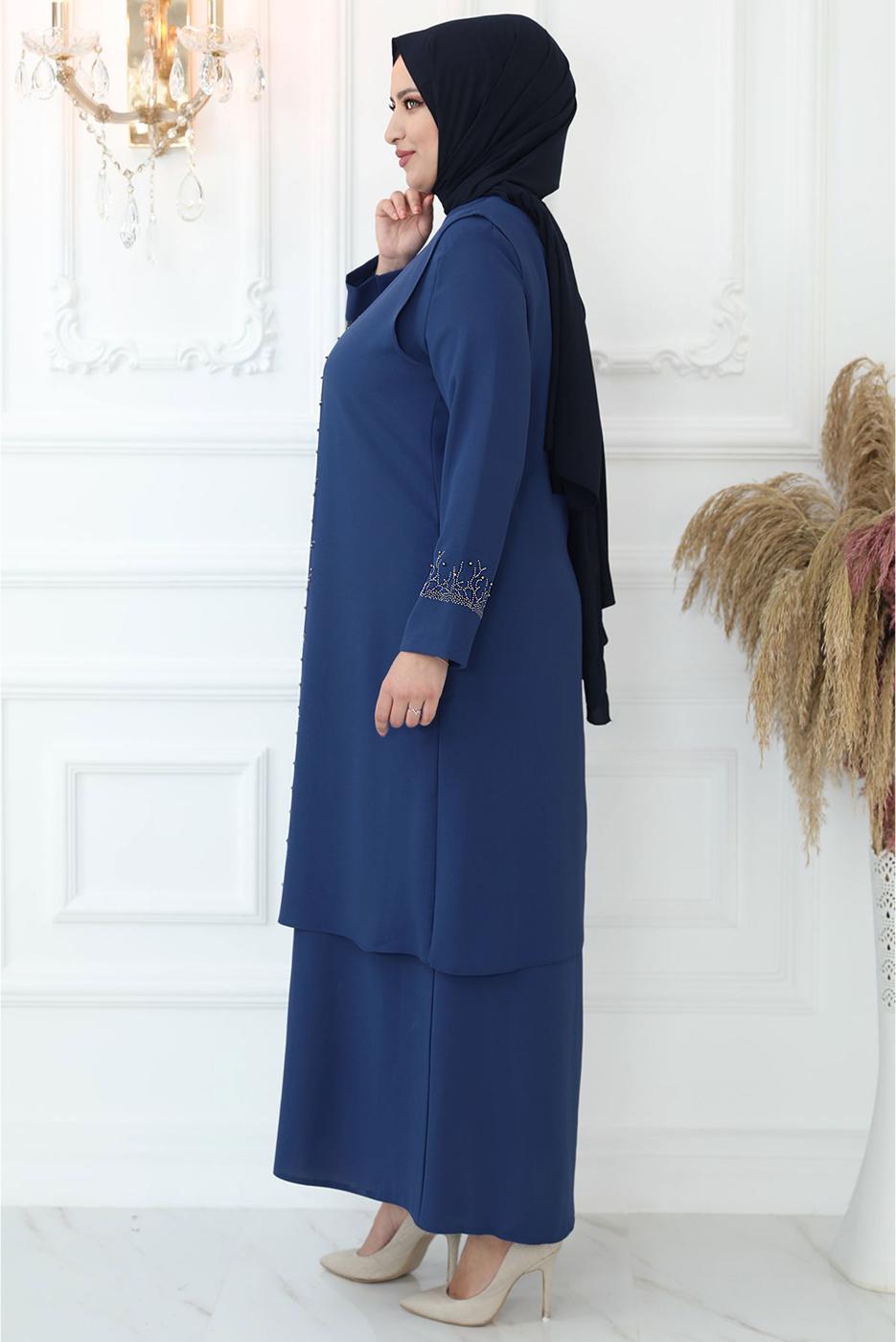 Tesettür giyim LACİVERT TAŞ BASKILI YELEKLİ ABİYE ELBİSE T 8621