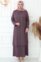 Tesettür giyim PEMBE TAŞ BASKILI YELEKLİ ABİYE ELBİSE T 8621