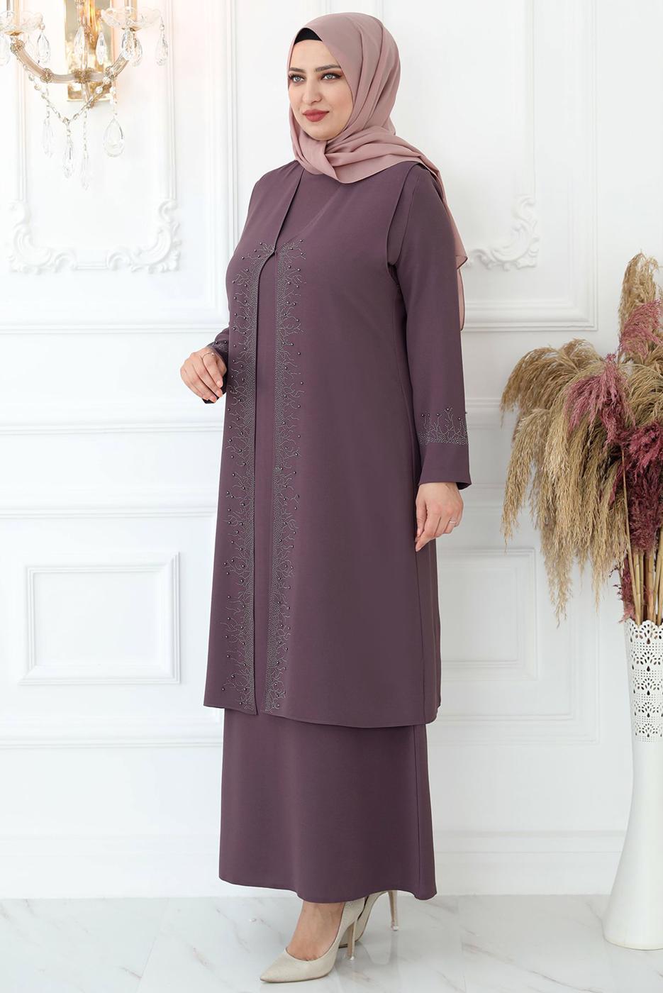 Tesettür giyim PEMBE TAŞ BASKILI YELEKLİ ABİYE ELBİSE T 8621