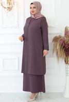 Tesettür giyim PEMBE TAŞ BASKILI YELEKLİ ABİYE ELBİSE T 8621