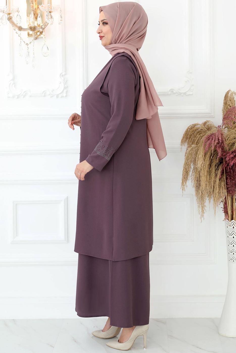 Tesettür giyim PEMBE TAŞ BASKILI YELEKLİ ABİYE ELBİSE T 8621