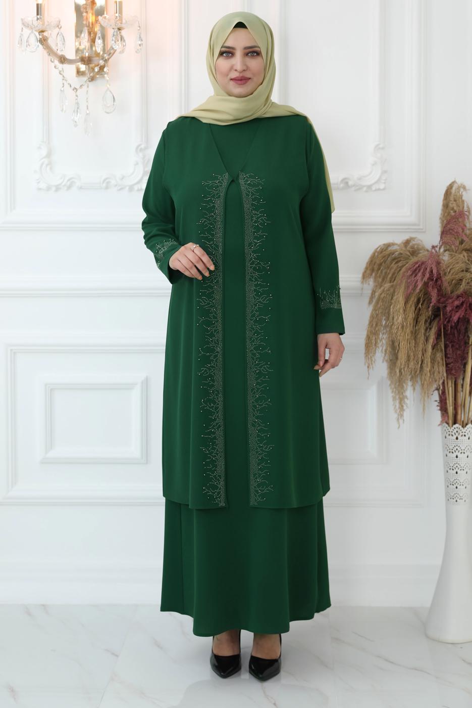Tesettür giyim YEŞİL TAŞ BASKILI YELEKLİ ABİYE ELBİSE T 8621