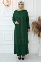 Tesettür giyim YEŞİL TAŞ BASKILI YELEKLİ ABİYE ELBİSE T 8621