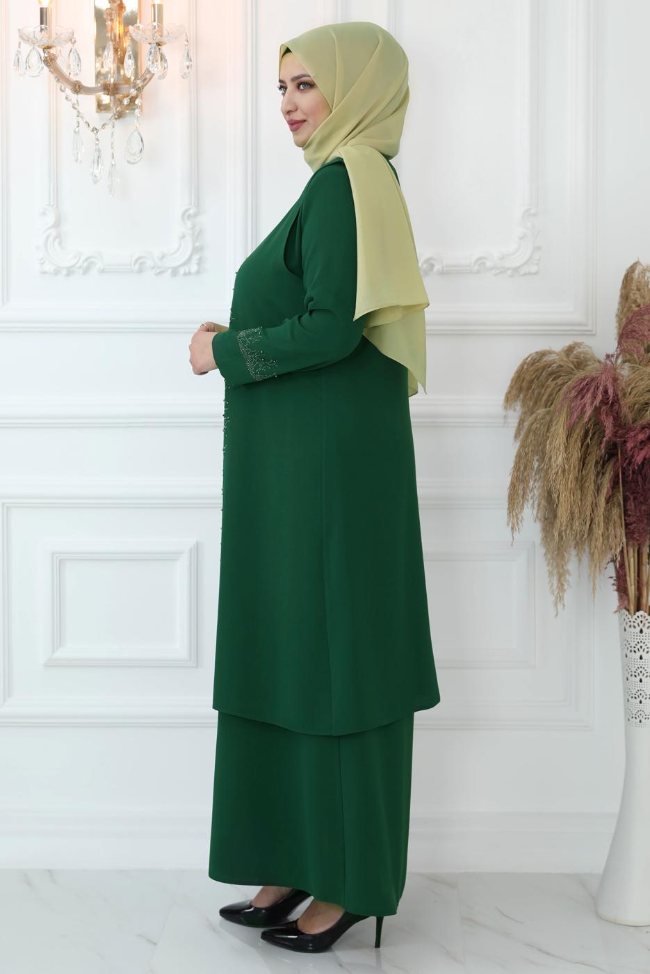 Tesettür giyim YEŞİL TAŞ BASKILI YELEKLİ ABİYE ELBİSE T 8621