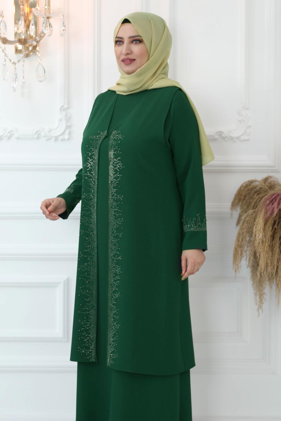 Tesettür giyim YEŞİL TAŞ BASKILI YELEKLİ ABİYE ELBİSE T 8621