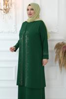 Tesettür giyim YEŞİL TAŞ BASKILI YELEKLİ ABİYE ELBİSE T 8621