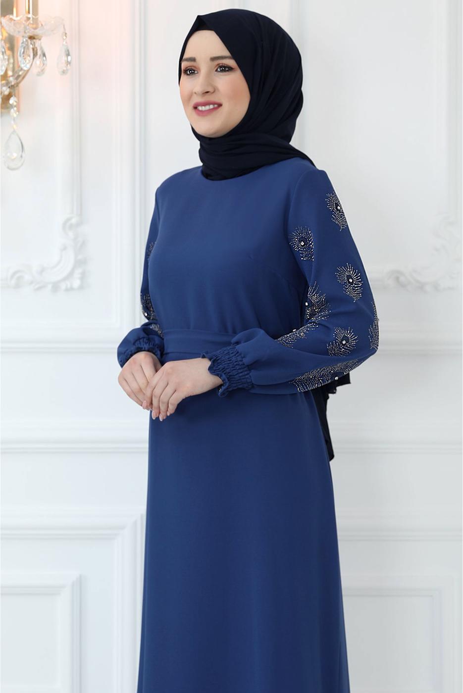 Hijab clothing NAVY BLUE ELASTIC CUFFS EVENING DRESS WITH GEM EMBROIDERED T 8721