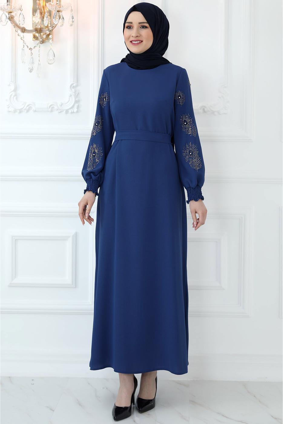Hijab clothing NAVY BLUE ELASTIC CUFFS EVENING DRESS WITH GEM EMBROIDERED T 8721