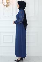 Hijab clothing NAVY BLUE ELASTIC CUFFS EVENING DRESS WITH GEM EMBROIDERED T 8721