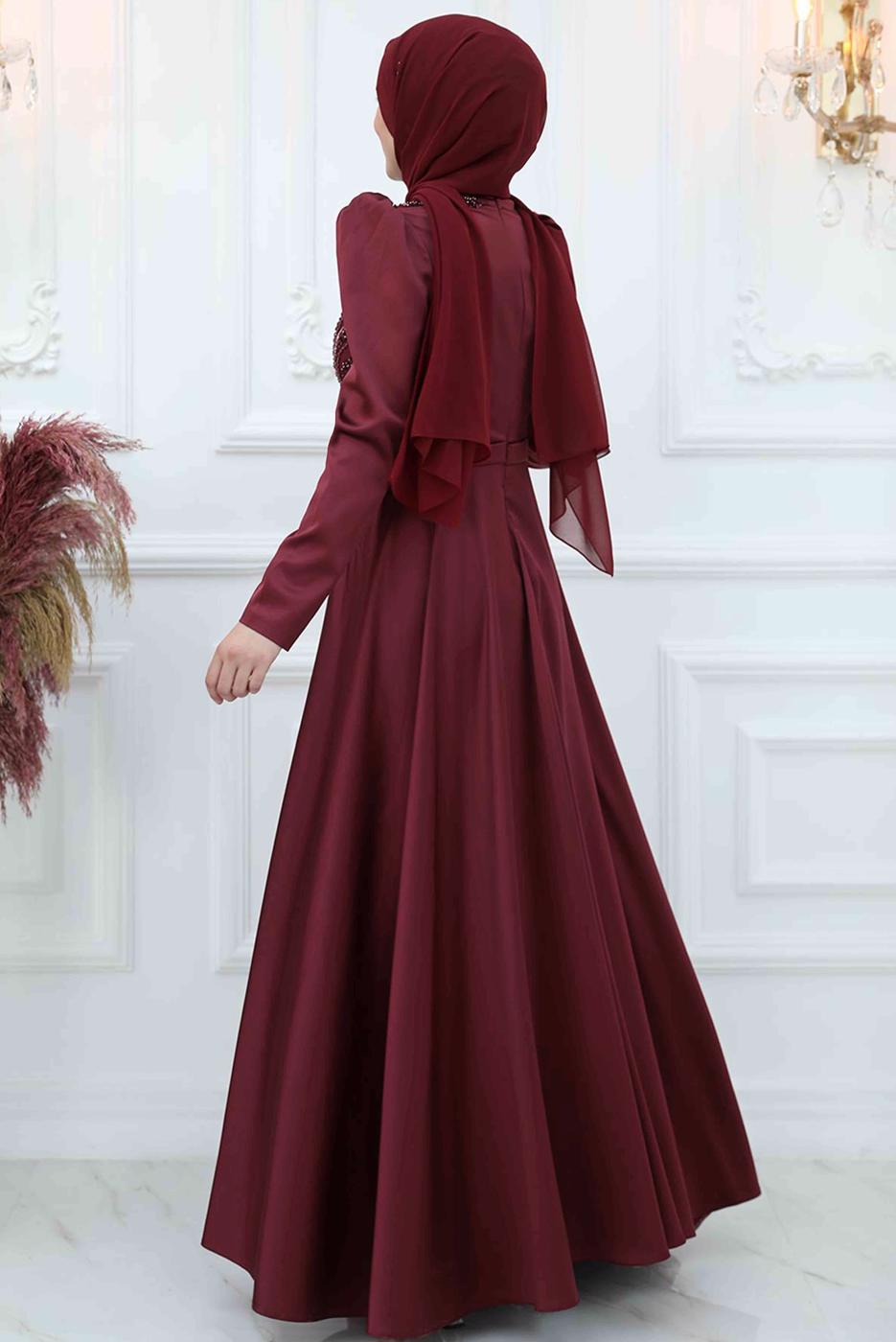 Tesettür giyim BORDO PUL PAYET İŞLEMELİ ABİYE ELBİSE T 9453