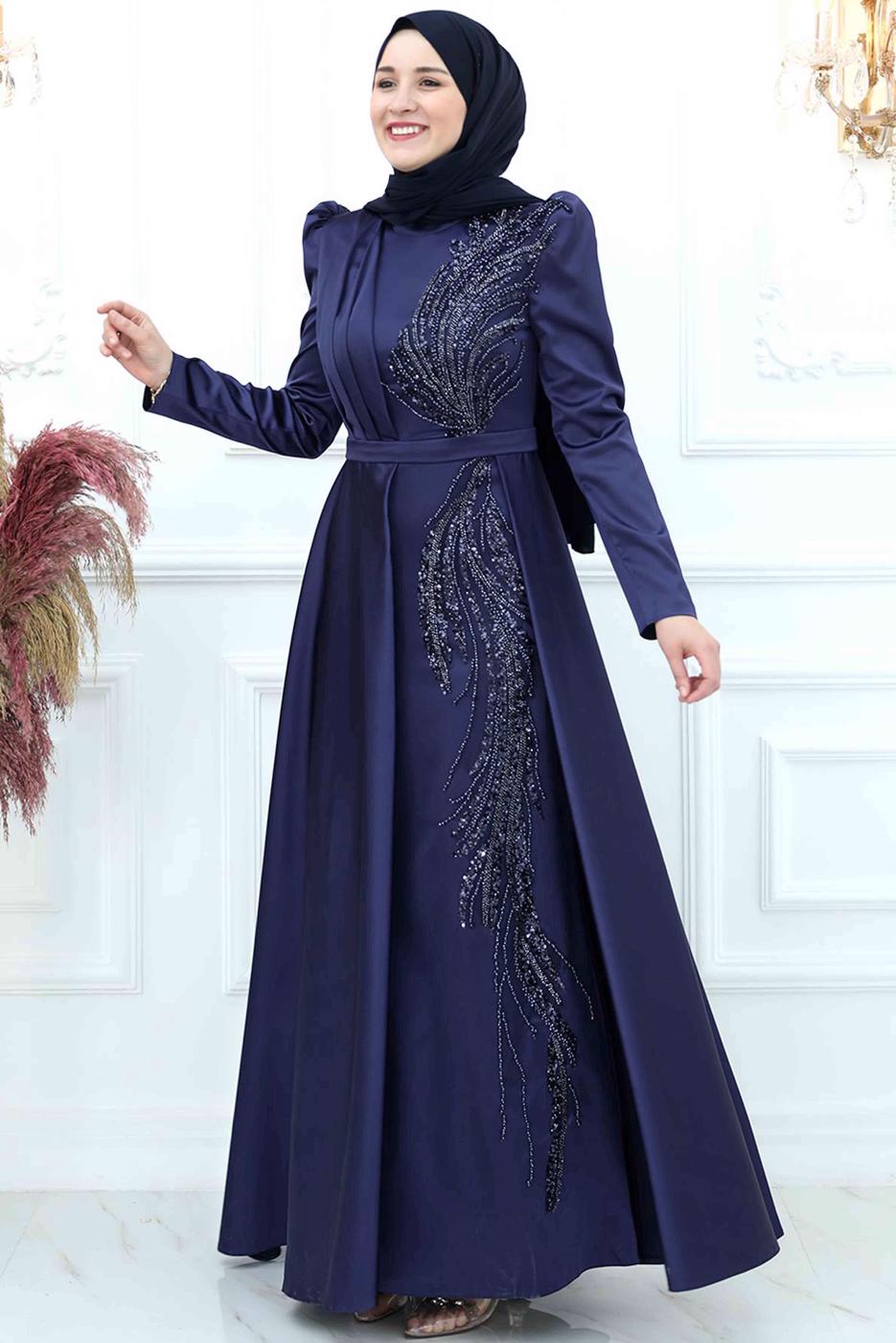 Tesettür giyim LACİVERT PUL PAYET İŞLEMELİ ABİYE ELBİSE T 9453