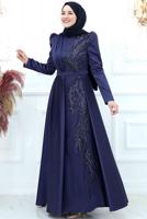 Tesettür giyim LACİVERT PUL PAYET İŞLEMELİ ABİYE ELBİSE T 9453