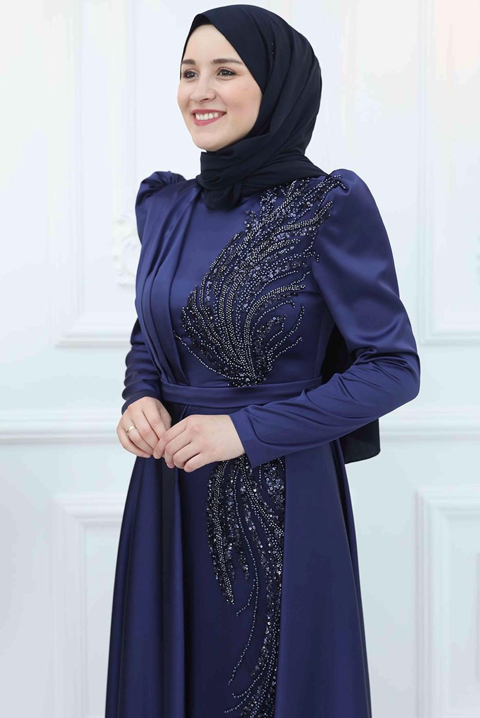 Tesettür giyim LACİVERT PUL PAYET İŞLEMELİ ABİYE ELBİSE T 9453