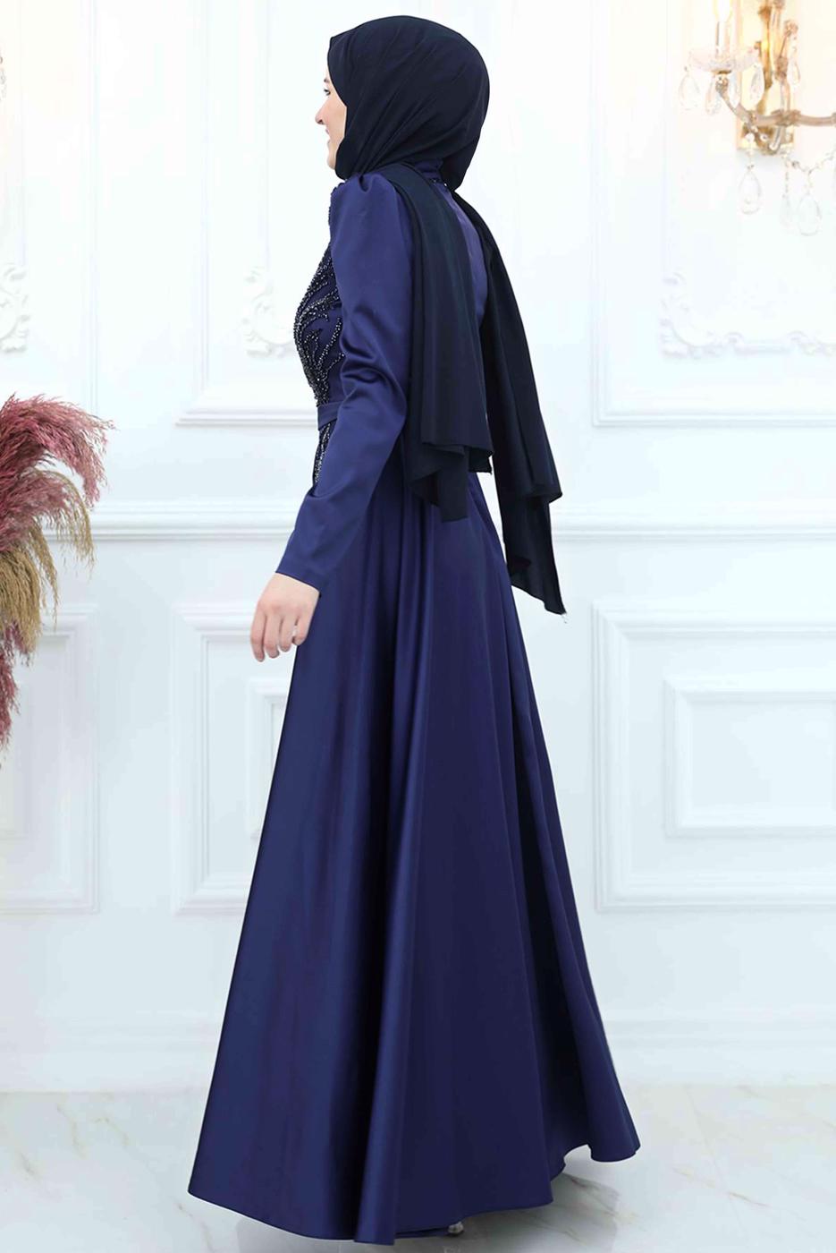 Tesettür giyim LACİVERT PUL PAYET İŞLEMELİ ABİYE ELBİSE T 9453